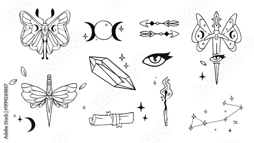 Set of mystic boho designs for tattoo or tarot cards. Vector illustration of celestial moth and eye, dagger with butterfly wings, crescent moon, sacred crystals, extinguished match, spiritual icons