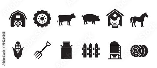This collection of black silhouette icons features various farm elements including a barn, tractor, cow, pig, chicken, horse, corn, pitchfork, milk can, fence, silo, and hay bale.