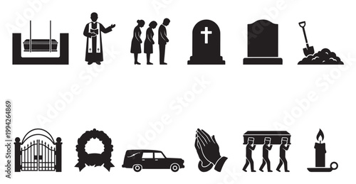 This collection of black and white vector icons depicts various elements associated with funerals, grief, and loss, including coffins, graves, and mourners.