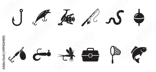 A collection of black silhouette icons representing various fishing equipment and a fish on a clean white background, ideal for sport and hobby themes.