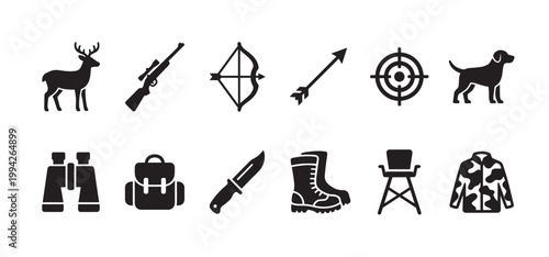 A collection of black vector icons representing various hunting gear and animals, isolated on a white background.