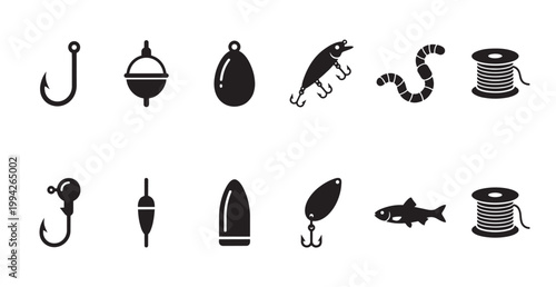 Collection of black fishing equipment icons including hooks, bait, lures, floats, spools of line, and fish on a white background.