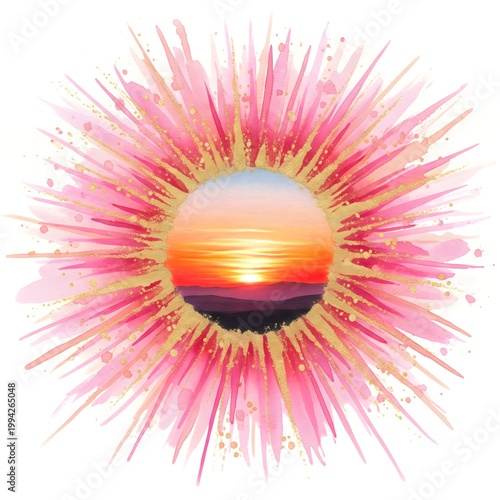 pink and gold watercolor circle burst with sunset view