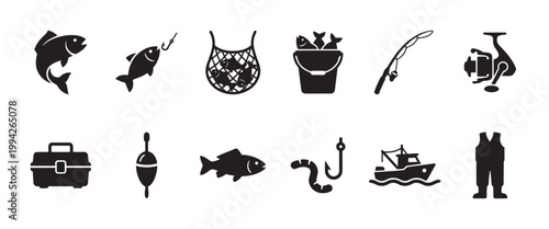 This set of black silhouette icons depicts various elements of fishing, including fish, nets, buckets, rods, reels, tackle boxes, floats, worms, boats, and waders.