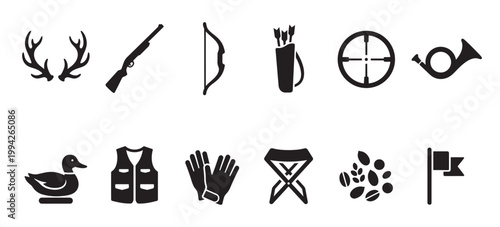 A collection of black vector icons representing various hunting gear and elements, including antlers, a rifle, bow, arrows, and a duck.
