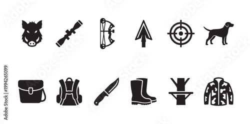 A collection of black silhouette icons representing various hunting gear and animals on a white background, ideal for graphic design and conceptual use.