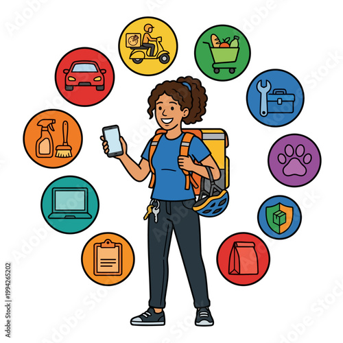 Female Delivery Courier with Gig Economy Service Icons