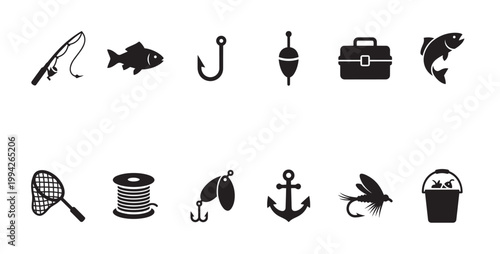 A clean, black and white collection of vector icons representing various fishing equipment and symbols, perfect for design projects related to hobbies and outdoor activities.