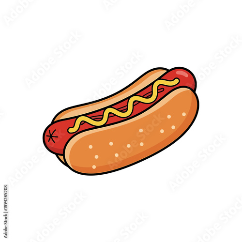 Cartoon illustration of a grilled hot dog with mustard in a bun