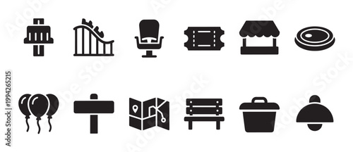 A collection of black silhouette icons representing an amusement park, including a roller coaster, tickets, and balloons on a white background.