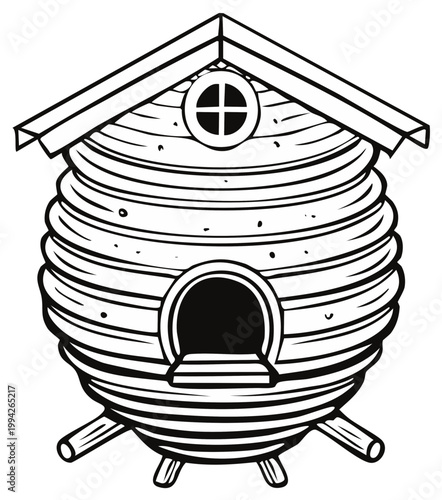 Charming stylized wooden beehive with a round entrance and a small window on a pitched roof