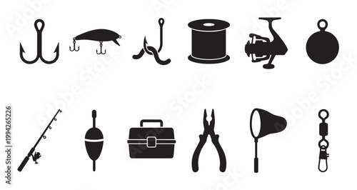 Collection of black silhouette icons representing various fishing equipment, perfect for illustrating hobbies, outdoor activities, and sport.