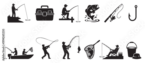 A collection of black silhouette icons depicts various fishing activities, equipment, and catches, perfect for representing the sport and leisure.