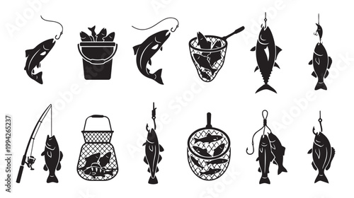 A collection of black silhouette icons depicting various fishing scenarios including caught fish, buckets, nets, and fishing rods on a white background.