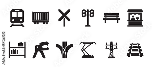 A collection of black silhouette icons representing various elements of a railroad system, including a train, cargo car, crossing signal, bench, and ticket booth.