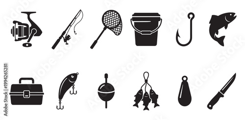 A collection of black silhouette icons depicts various fishing equipment, including a reel, rod, net, bucket, hook, fish, tackle box, lure, bobber, and knife.