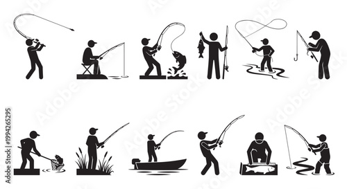 A collection of minimalist black silhouette icons depicting various fishing activities and scenarios, perfect for illustrating recreation and sport.