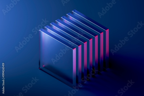 Abstract 3d rendering of a glass square structure with neon light