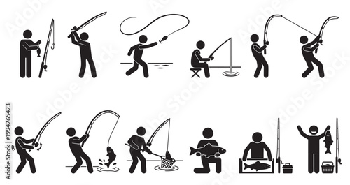 A collection of black silhouette icons depicting various fishing activities and successes, showcasing different actions like casting, reeling, netting, and holding fish with a celebratory mood.