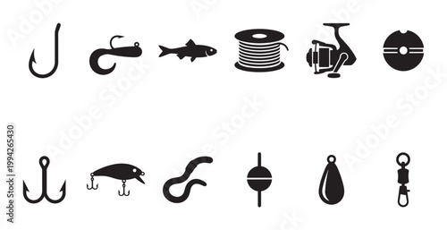 Collection of black silhouette icons representing various fishing gear like hooks, lures, reels, and bait on a white background for design use.