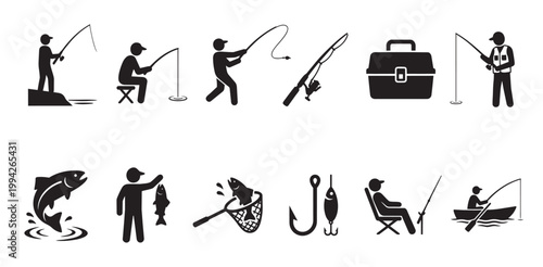Collection of simple black and white silhouette icons depicting various fishing activities, people, and equipment, perfect for sports or leisure graphics.