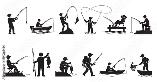 A collection of simple black silhouette icons depicts various fishing activities, including people fishing from boats, piers, and the shore with different poses and catches.