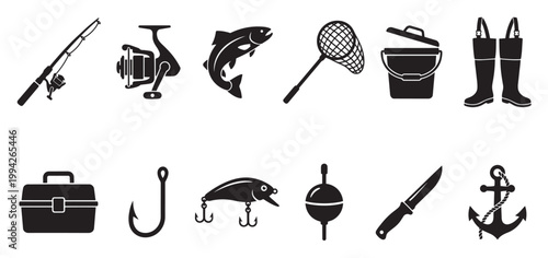 A collection of black silhouette icons representing various fishing gear, including rods, reels, fish, nets, buckets, boots, tackle boxes, hooks, lures, floats, knives, and anchors.