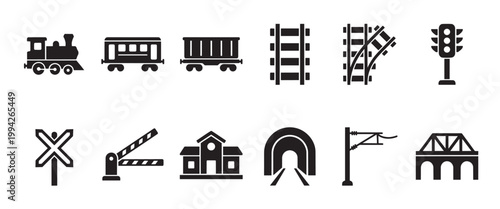 A collection of black silhouette icons representing various railway elements including a train, carriages, tracks, and station, suitable for transportation and industry graphics.