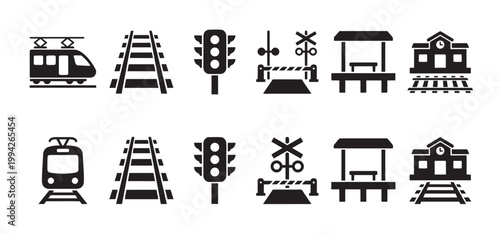 Collection of black and white vector icons representing various railway elements including trains, tracks, signals, and stations, useful for transportation and logistics themes.