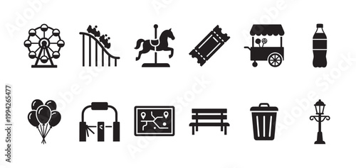 A collection of simple black icons representing various amusement park elements like a Ferris wheel, roller coaster, carousel, tickets, and food stalls, perfect for event design.