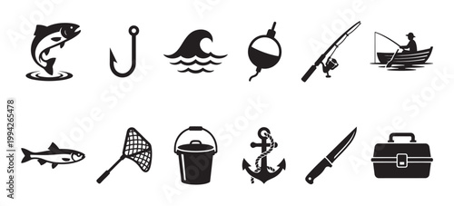 A collection of black and white silhouette icons representing various fishing elements, including fish, a hook, waves, a bobber, rod, boat, net, bucket, anchor, knife, and tackle box.