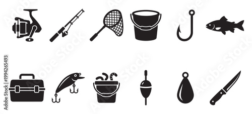 A collection of black silhouette icons representing various fishing equipment including a reel, rod, net, bucket, hook, fish, tackle box, lure, bait, bobber, weight, and knife.