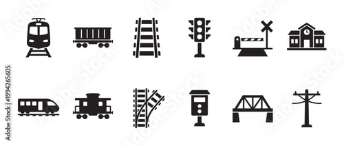 Collection of black silhouette icons representing various railroad elements including trains, tracks, station, signal, crossing, bridge, and utility pole on a white background.