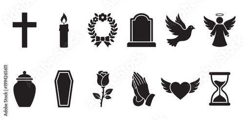 Collection of black silhouette icons representing funeral and memorial symbols including a cross, candle, wreath, tombstone, dove, angel, urn, coffin, rose, praying hands, winged heart and hourglass.
