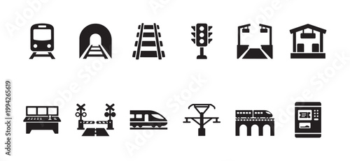 A collection of black silhouette icons representing various aspects of railway transportation including trains, stations, tunnels, and signals, ideal for infographics and design projects.