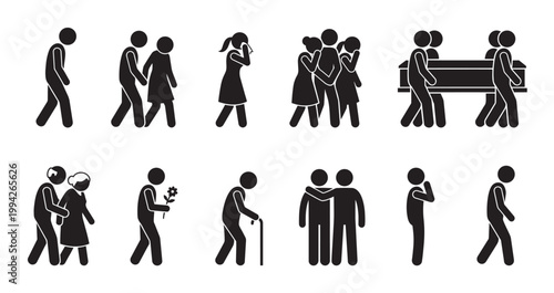 A collection of black and white stick figure icons depicting various stages and aspects of grief, loss, and funerals, including mourning, carrying a coffin, and offering condolences.