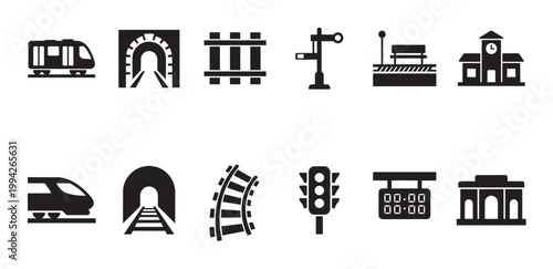 Collection of black silhouette icons representing various elements of railway travel, including trains, tunnels, tracks, stations, and signals, perfect for transport and travel themes.