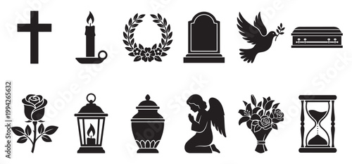 A black and white graphic collection of funeral and memorial icons including a cross, candle, wreath, tombstone, dove, coffin, rose, urn, and hourglass.