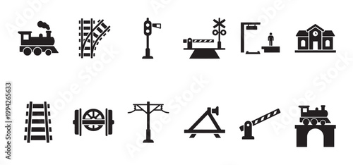 Collection of black and white vector icons representing various elements of train travel and railroad infrastructure for transportation and logistics themes.