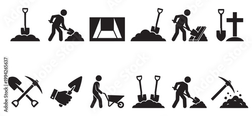 A collection of black and white graphic icons representing digging tools, construction work, and manual labor activities like digging, carrying, and mining.