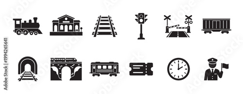 Collection of black and white icons representing various elements of train travel, including a steam engine, station, tracks, signals, and a conductor.