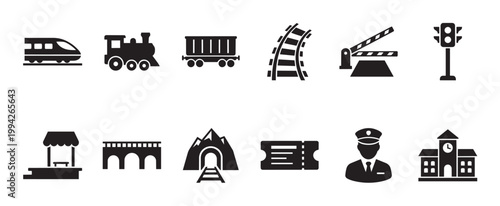 Collection of black vector icons representing various aspects of train travel, including locomotives, carriages, tracks, stations, and personnel, perfect for transport-related designs.