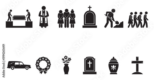 Collection of black and white vector icons depicting funeral services, including a hearse, pallbearers carrying a coffin, a priest, mourners, a tombstone, and burial.