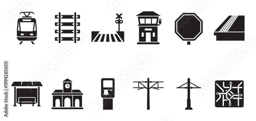 Collection of clean black silhouette icons representing various transportation elements like trains, stations, signs, and maps, ideal for web or print design.
