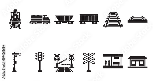 Collection of black silhouette icons depicting various elements of train travel, including locomotives, train cars, tracks, and station buildings, ideal for transportation and travel concepts.