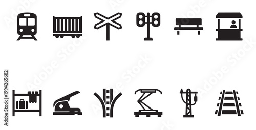 A collection of black silhouette icons representing various elements of a railway system, including a train, cargo car, signs, signals, bench, ticket booth, luggage rack, and tracks.