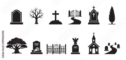 A collection of black silhouette icons representing various elements found in a cemetery, including gravestones, crosses, trees, and gates, useful for design projects.