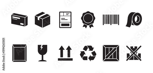 A collection of black and white vector icons representing various shipping and packaging elements, including boxes, fragile symbols, and recycling.