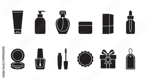 A collection of black and white minimalist icons representing various beauty and cosmetic products like perfume, lotion, and makeup, ideal for design and branding.