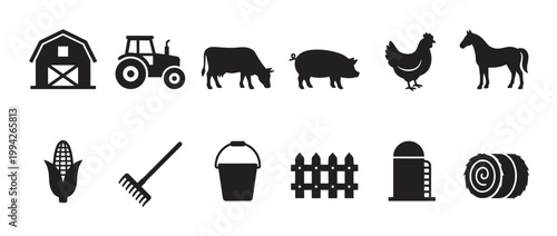 A collection of black silhouette icons representing various farm elements including animals, buildings, vehicles, and tools on a white background.